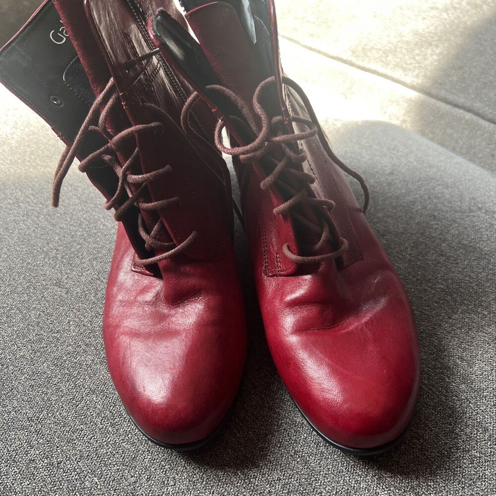 Gabor Burgundy Faux Leather Lace Up Chunky Heel Boots Size 5‎